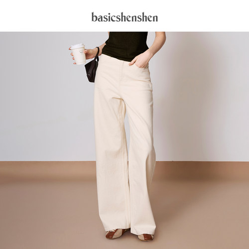 basicshenshen简约白色牛仔裤女