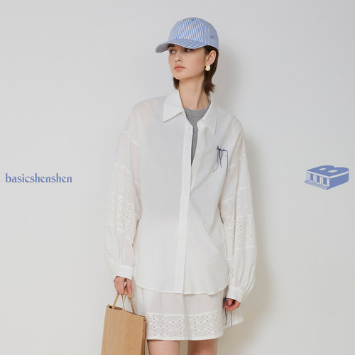 basicshenshen镂空刺绣长袖衬衫