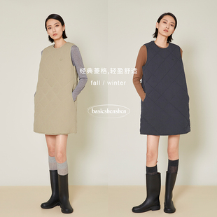 basicshenshen冬季绗格保暖棉衣连衣裙女复古休闲百搭背心A字裙