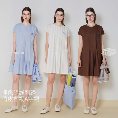 basicshenshen刺绣褶裥连衣裙