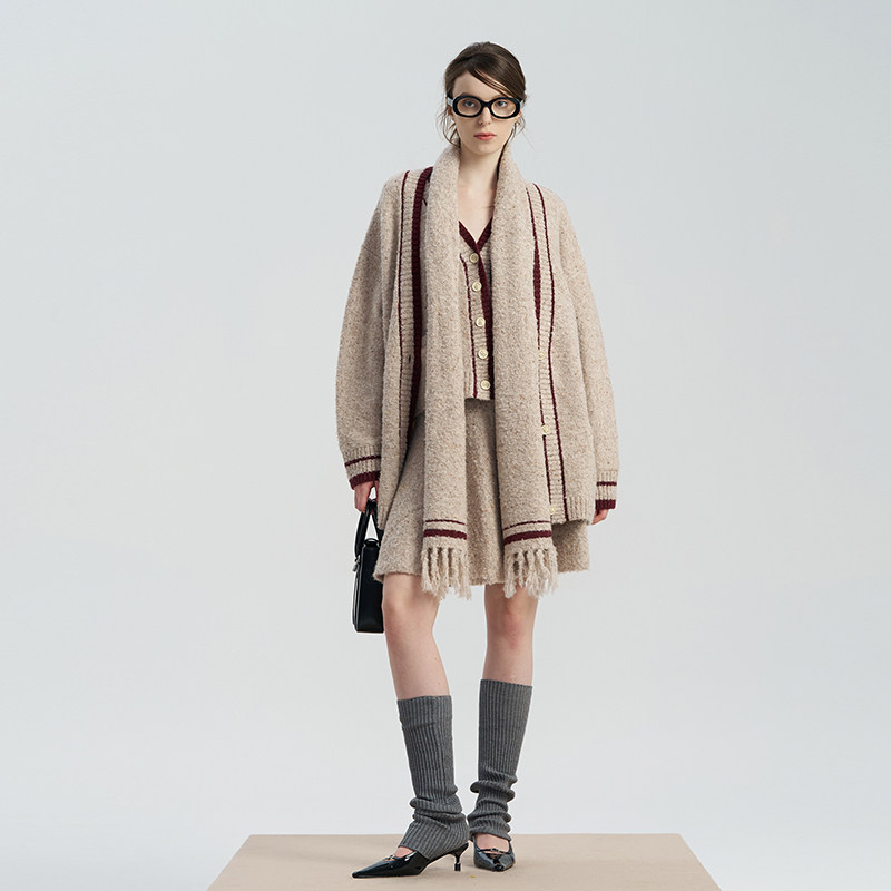 「孙千同款」shenshen复古撞色中长款针织衫开衫女秋宽松毛衣外套,女装/女士精品,毛针织衫,淘宝优惠券,粉丝福利购,淘宝优惠卷