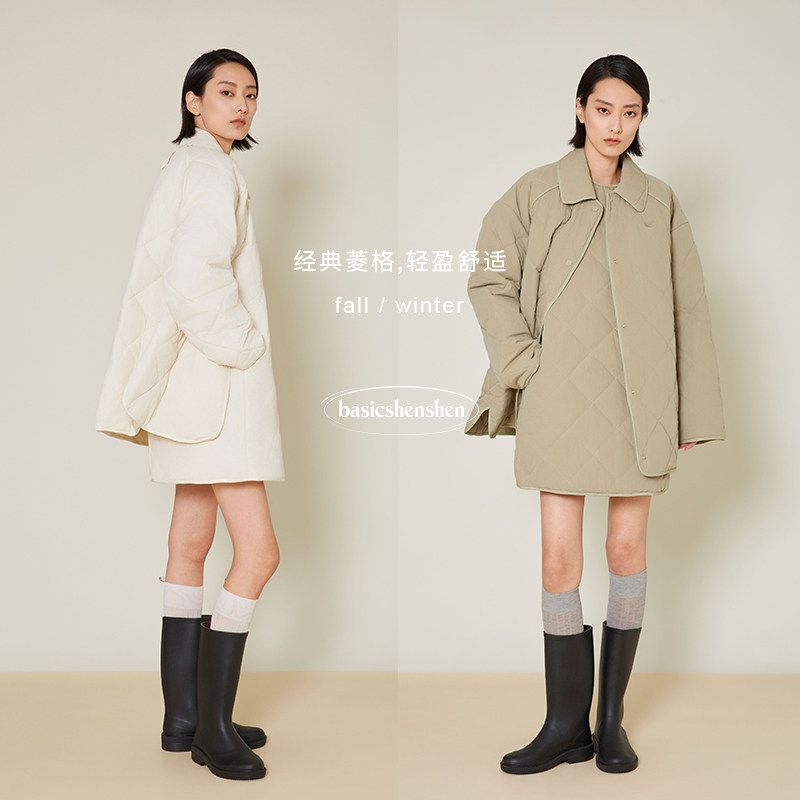 basicshenshen复古绗格棉服宽松