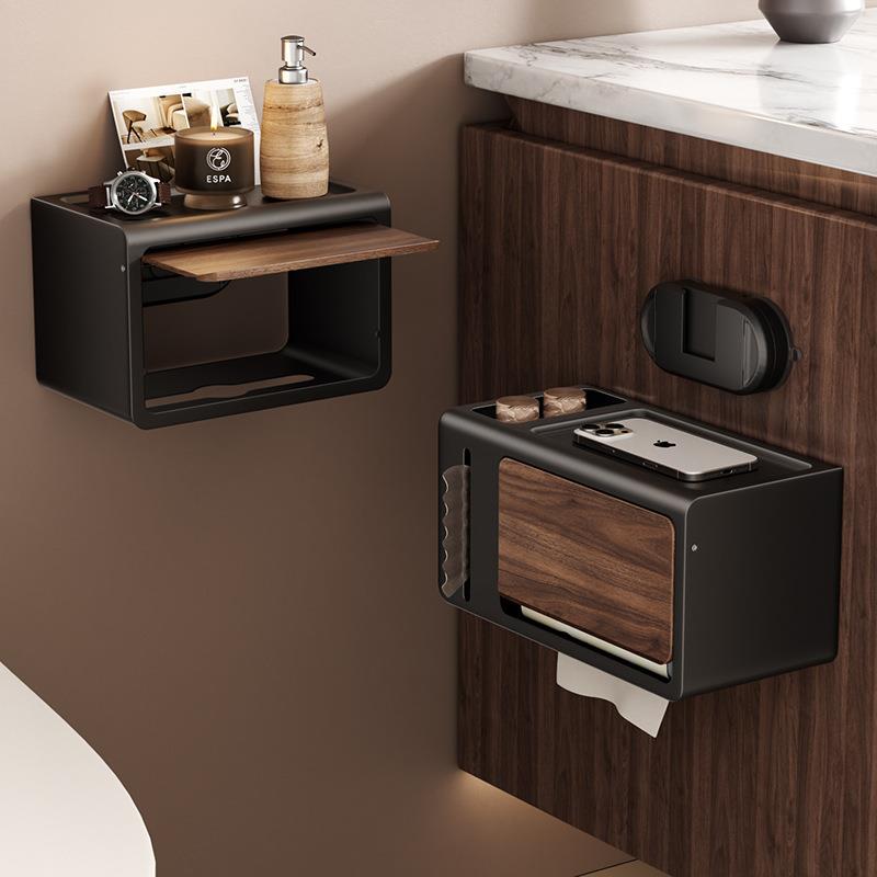 中古风胡桃木纹卫生间纸巾盒吸盘免打孔防水卷纸洗手间厕纸置物架