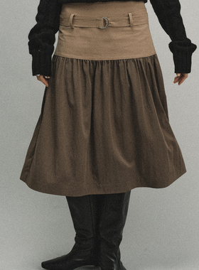 Tonō 复古设计感拼接褶皱腰带中长款半身裙｜Tonolab