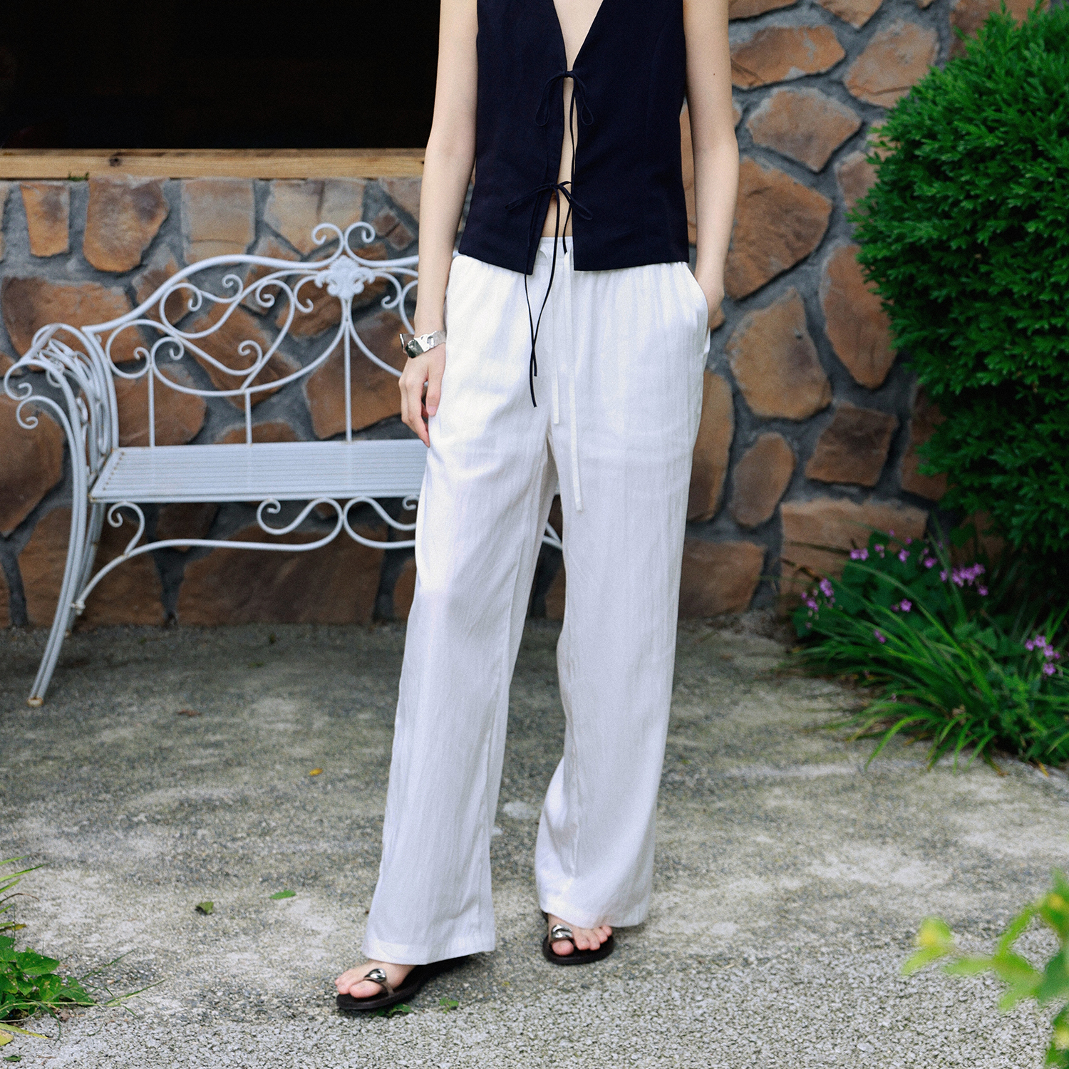 Tonō 夏季百搭凉爽垂感白色松紧腰长裤｜Tonolab