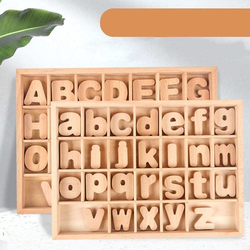 早教益智趣味26颗榉木大小写字母认知配对儿童启蒙木制玩具木盒款