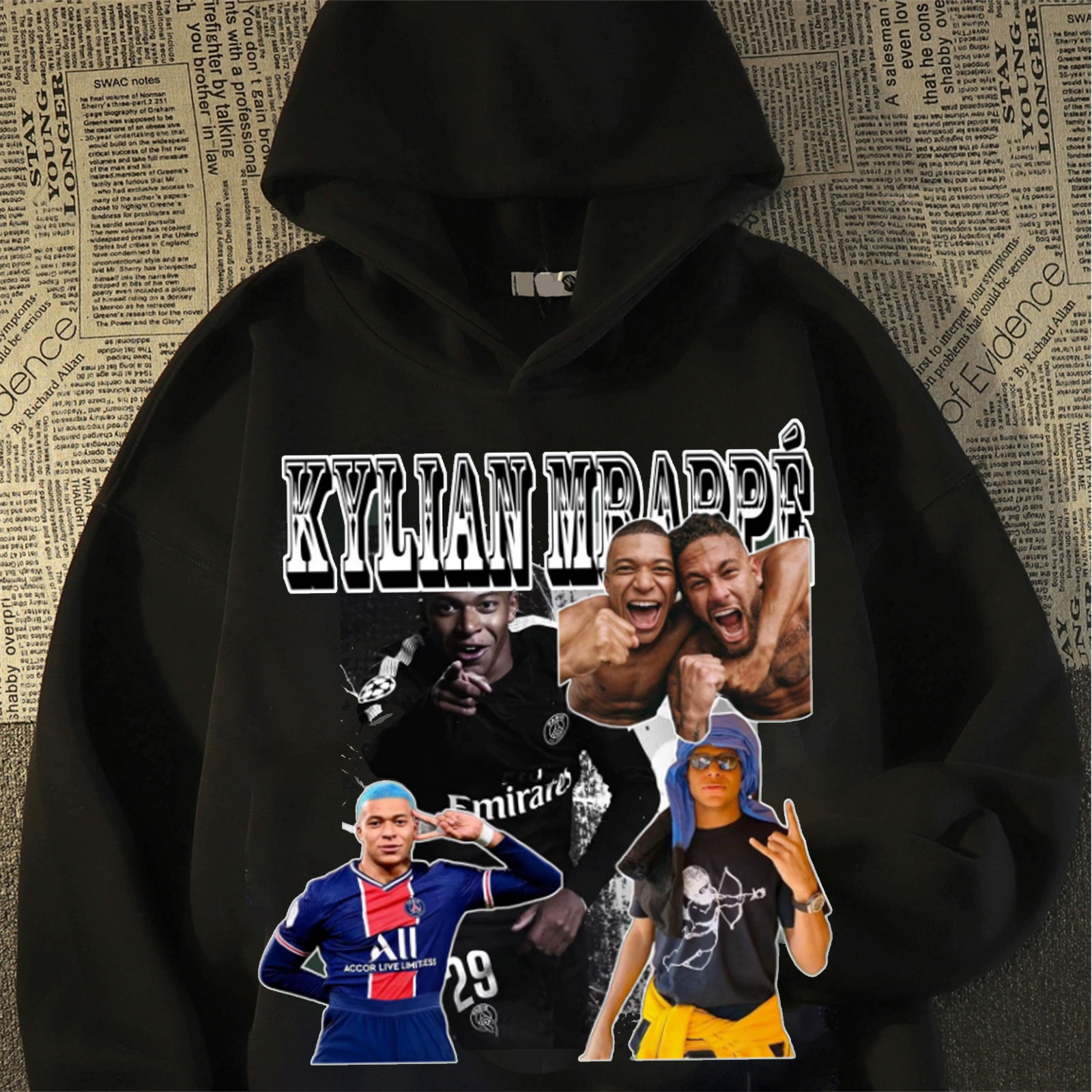 美式姆巴佩潮牌连帽卫衣宽松复古嘻哈印花男女百搭套头长袖帽衫冬