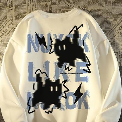 美式潮牌闪电小黑猫印花圆领卫衣男女秋冬款宽松oversize高街外套