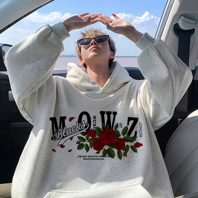 国潮美式玫瑰花连帽卫衣男女潮春秋连帽宽松高街oversize情侣外套