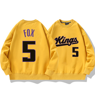 国王队福克斯5号篮球衣男美式复古圆领卫衣休闲宽松加绒外套冬潮