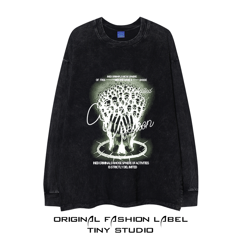 街头复古人物暗黑设计水洗做旧t恤潮男bf高街嘻哈百搭秋季长袖ins