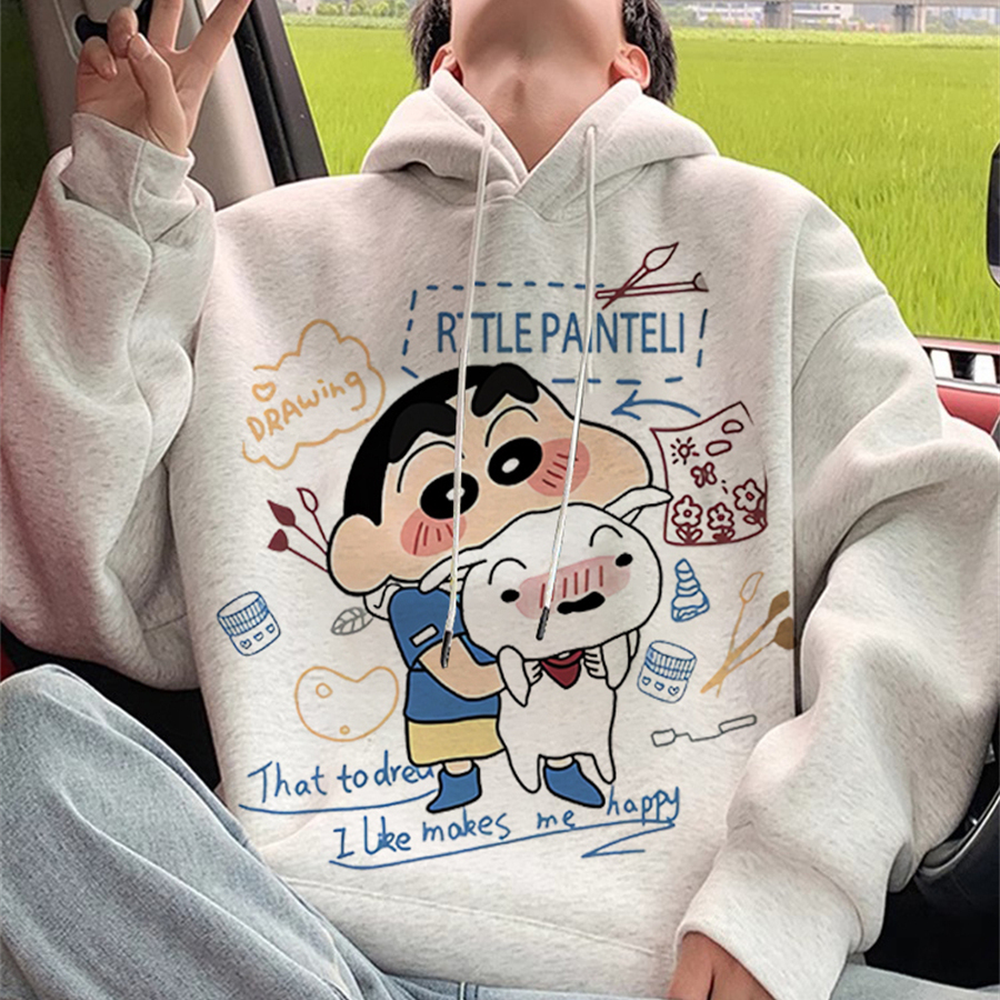 美式慵懒chic卡通蜡笔小新印花连帽卫衣男女秋季宽松长袖帽衫外套