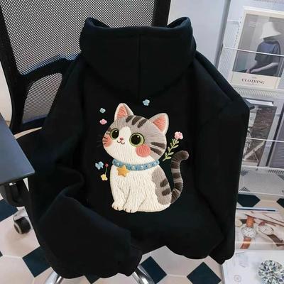 重磅加绒加厚连帽卫衣宽松男女同款猫咪仿刺绣印花宽松秋冬装外套