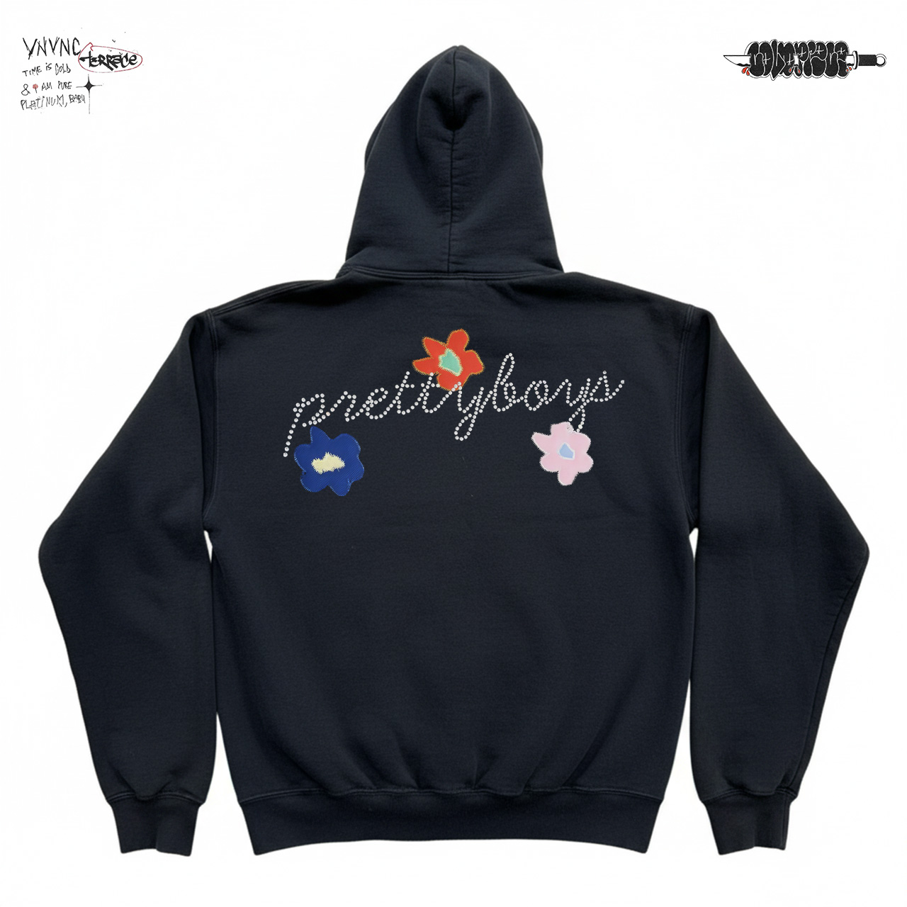 清仓款！卡通美式复古慵懒风小花连帽衫黑色重磅高级感情侣装男女