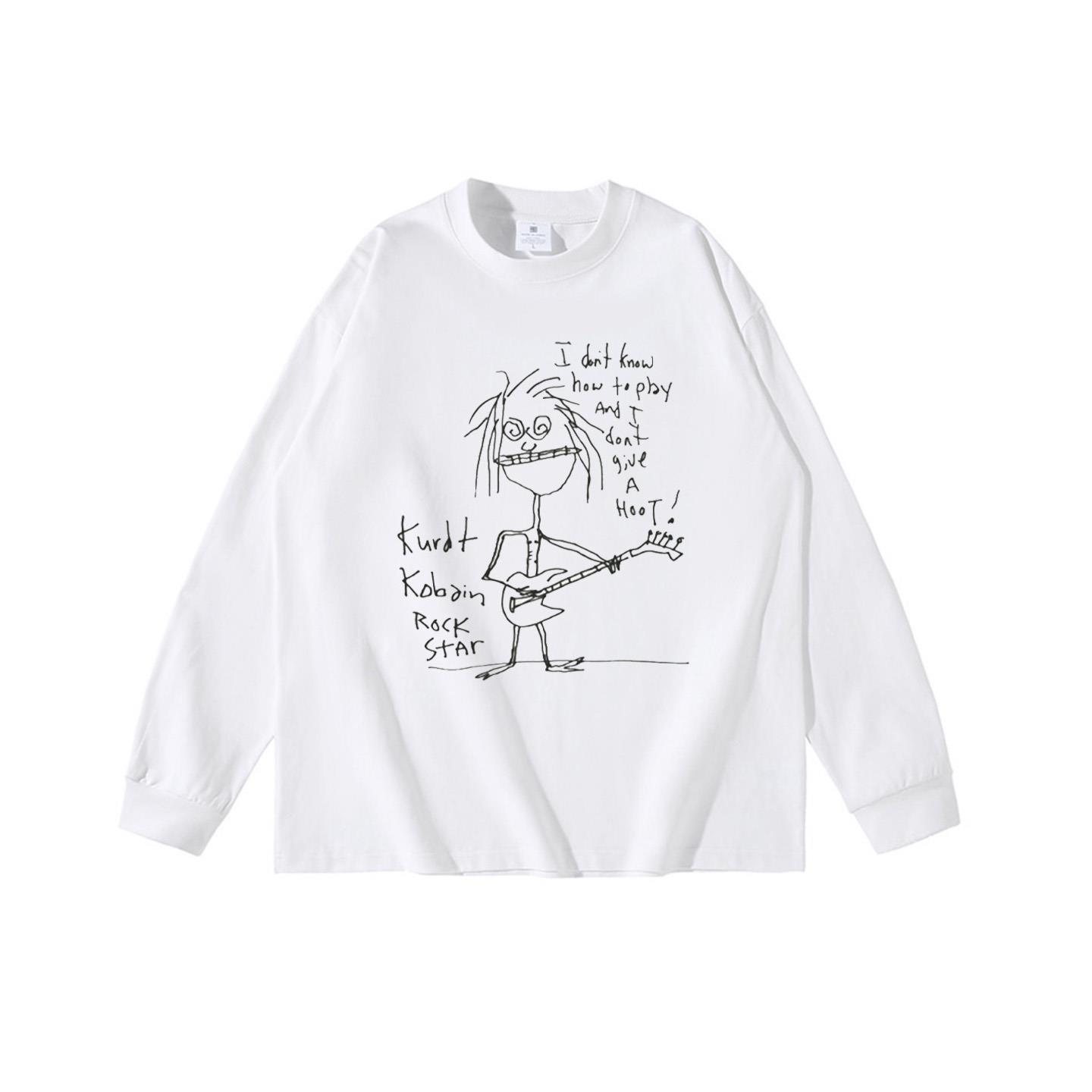 致敬科特柯本摇滚搞怪手绘风潮流长袖T恤童趣乐队印花吉他打底衫