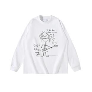 致敬科特柯本摇滚搞怪手绘风潮流长袖T恤童趣乐队印花吉他打底衫