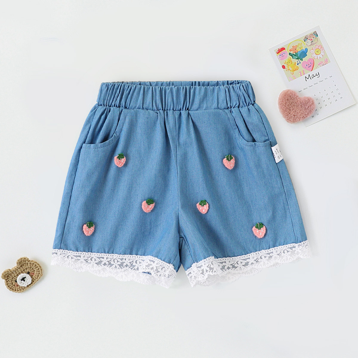 【洋气蕾丝花边短裤】童装女宝宝夏季甜美软牛仔小童舒适五分裤潮