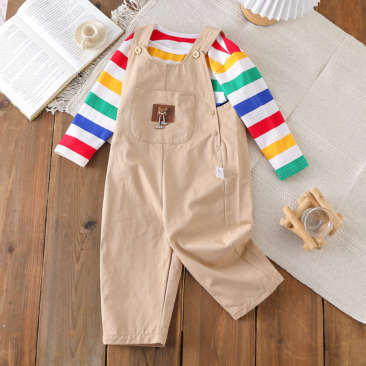 【卡通条纹背带裤套装】童装男宝宝秋季可爱彩虹卫衣连体裤两件套
