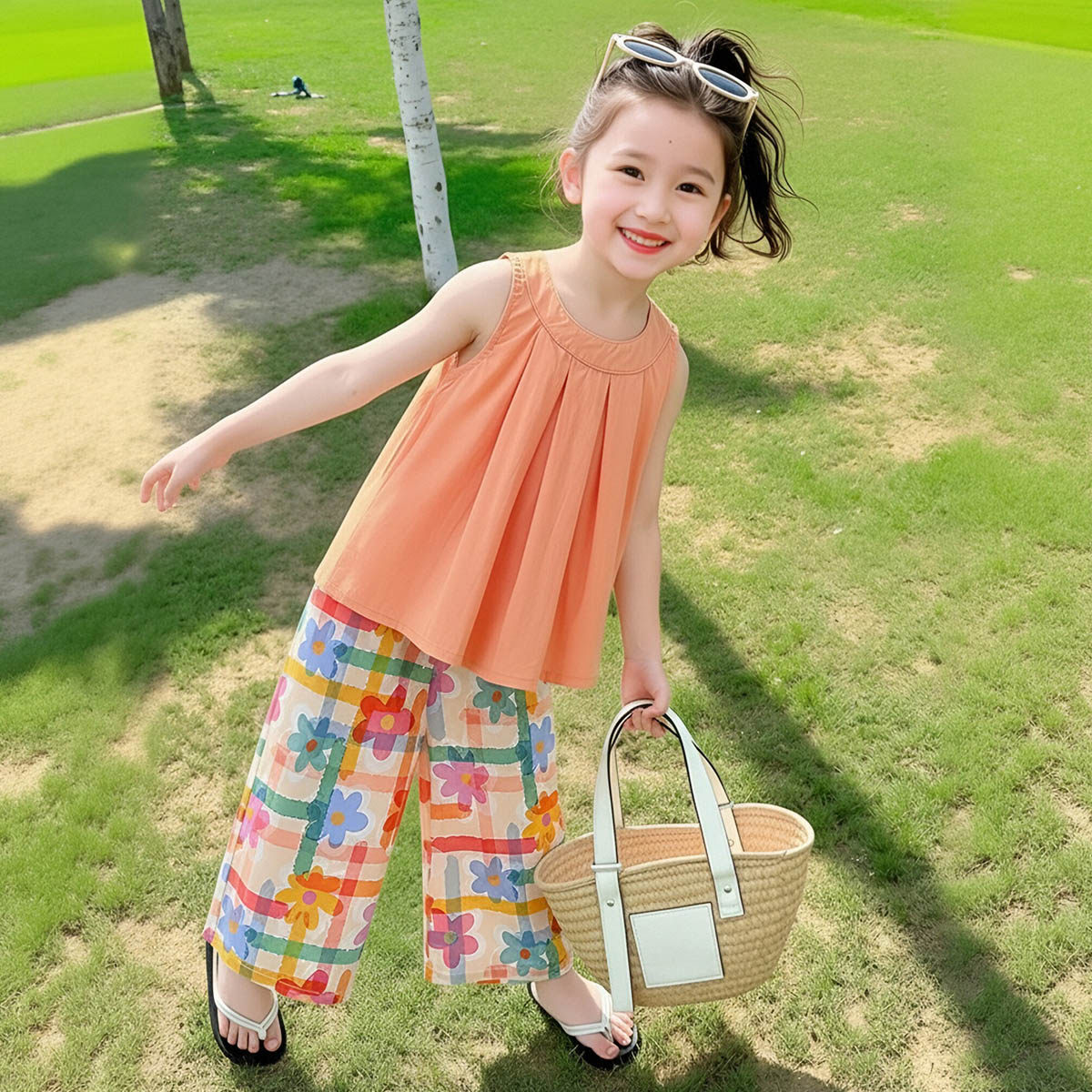 【时尚简约度假风背心套装】童装女童夏季舒适纯棉两件套儿童套装