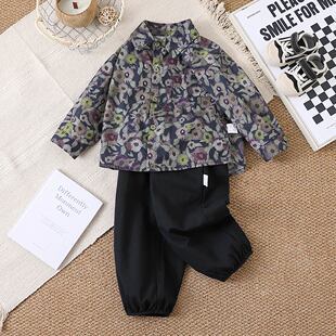 【痞帅复古花衬衫套装】童装男童秋季时髦休闲两件套儿童纯棉套装