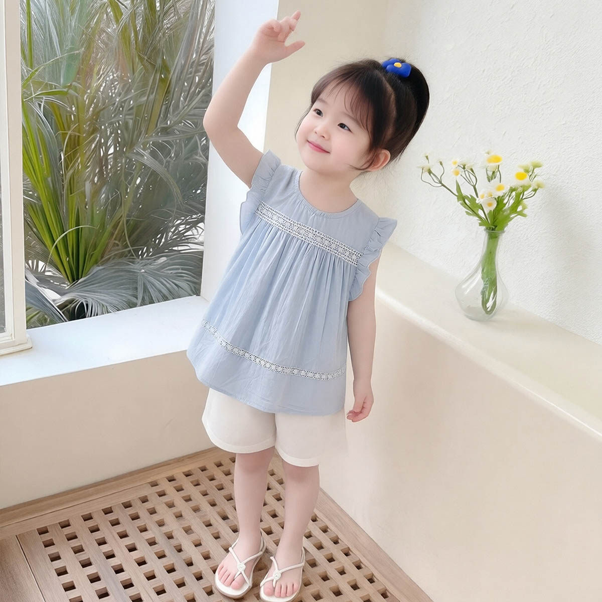 【纯棉法式套装】童装女童夏季时尚清新衬衫两件套儿童舒适套装潮