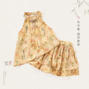 【新中式国风挂脖旗袍套装】童装女童套装夏季2025儿童两件套