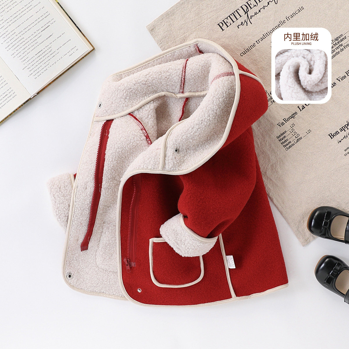 【时尚毛呢大衣】童装女宝宝冬季加绒加厚连帽外套中长款拜年服