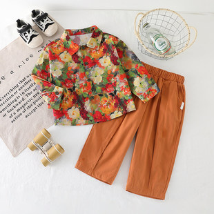 【帅气时尚复古花衬衫套装】男童秋季时髦2025秋款痞帅两件套