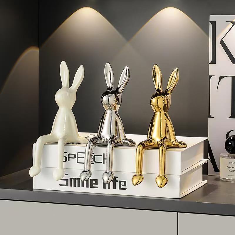 高档电镀陶瓷长耳兔子摆件