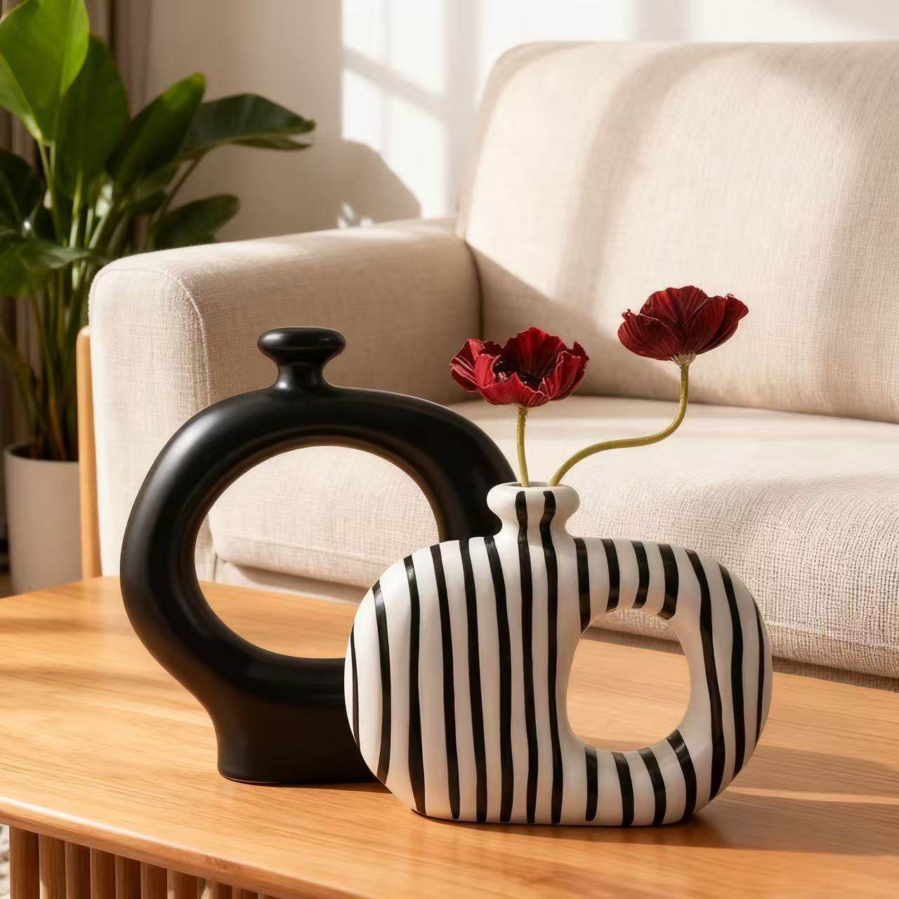 创意中古风黑白条纹异形花瓶摆件客厅插花器电视柜玄关装饰品高档,家居饰品,装饰摆件,淘宝优惠券,粉丝福利购,淘宝优惠卷
