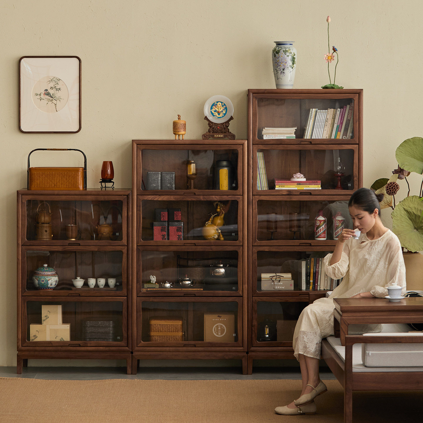 洪林坊中式实木茶室茶具茶叶收纳柜玻璃门书柜储物手办展示收纳柜,住宅家具,家用陈列柜,淘宝优惠券,粉丝福利购,淘宝优惠卷