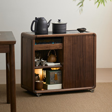 新中式茶桌侧边茶水柜北美黑胡桃木实木可移动茶台边柜烧水壶一体