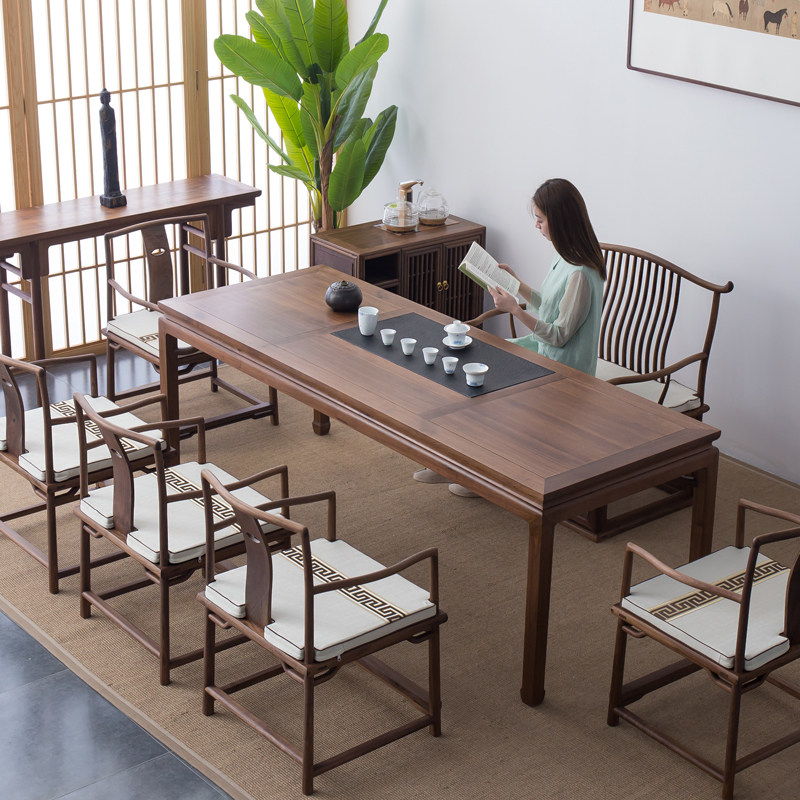 北美黑胡桃木茶桌新中式老榆木茶台实木桌椅组合禅意办公室泡茶桌