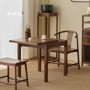 洪林坊阳台推拉茶桌全实木新中式家用泡茶台茶几桌椅组合黑胡桃木