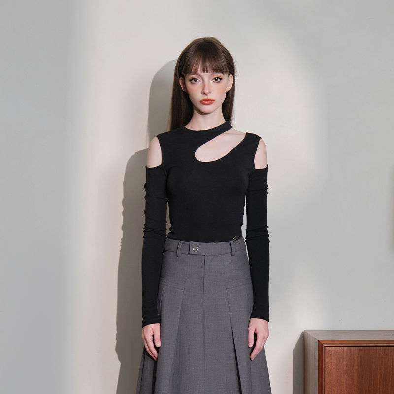 three quarters 官方直营原创设计经典水滴挖洞打底衫长袖修身