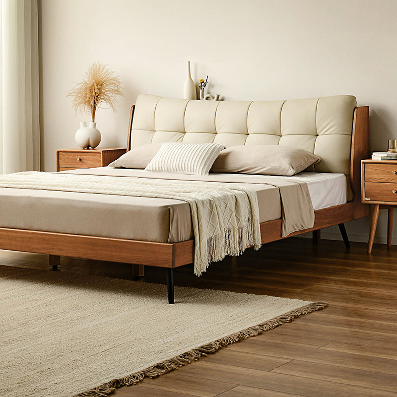 联邦家私实木床现代简约真皮软包床樱桃木1.8米复古主卧双人床