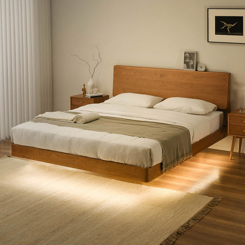 联邦家私北欧全实木床日式简约氛围灯卧室樱桃木侘寂风1.8双人床