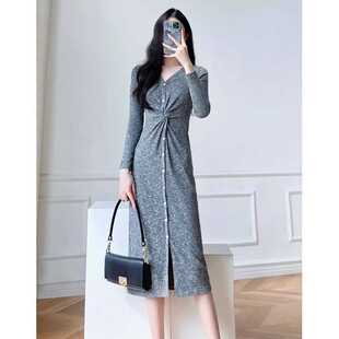 复古茶歇裙收腰显瘦中长款 法式 气质温柔风针织连衣裙 新款 2024春装