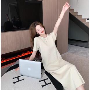 气质圆领短袖连衣裙女夏季新款慵懒风针织裙子韩版宽松休闲中长裙