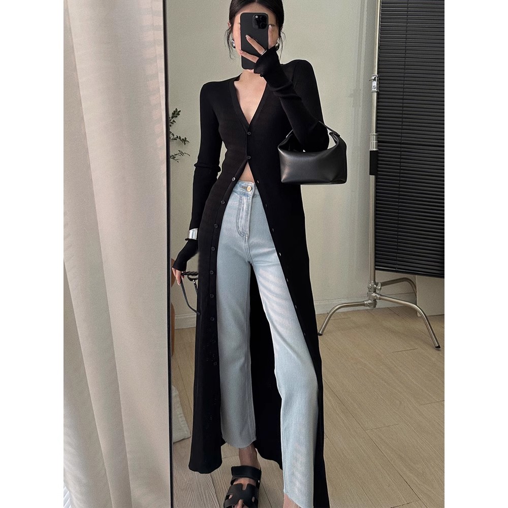 高级感黑色冰丝针织开衫女秋冬款中长款裙子外搭修身显瘦长袖外套