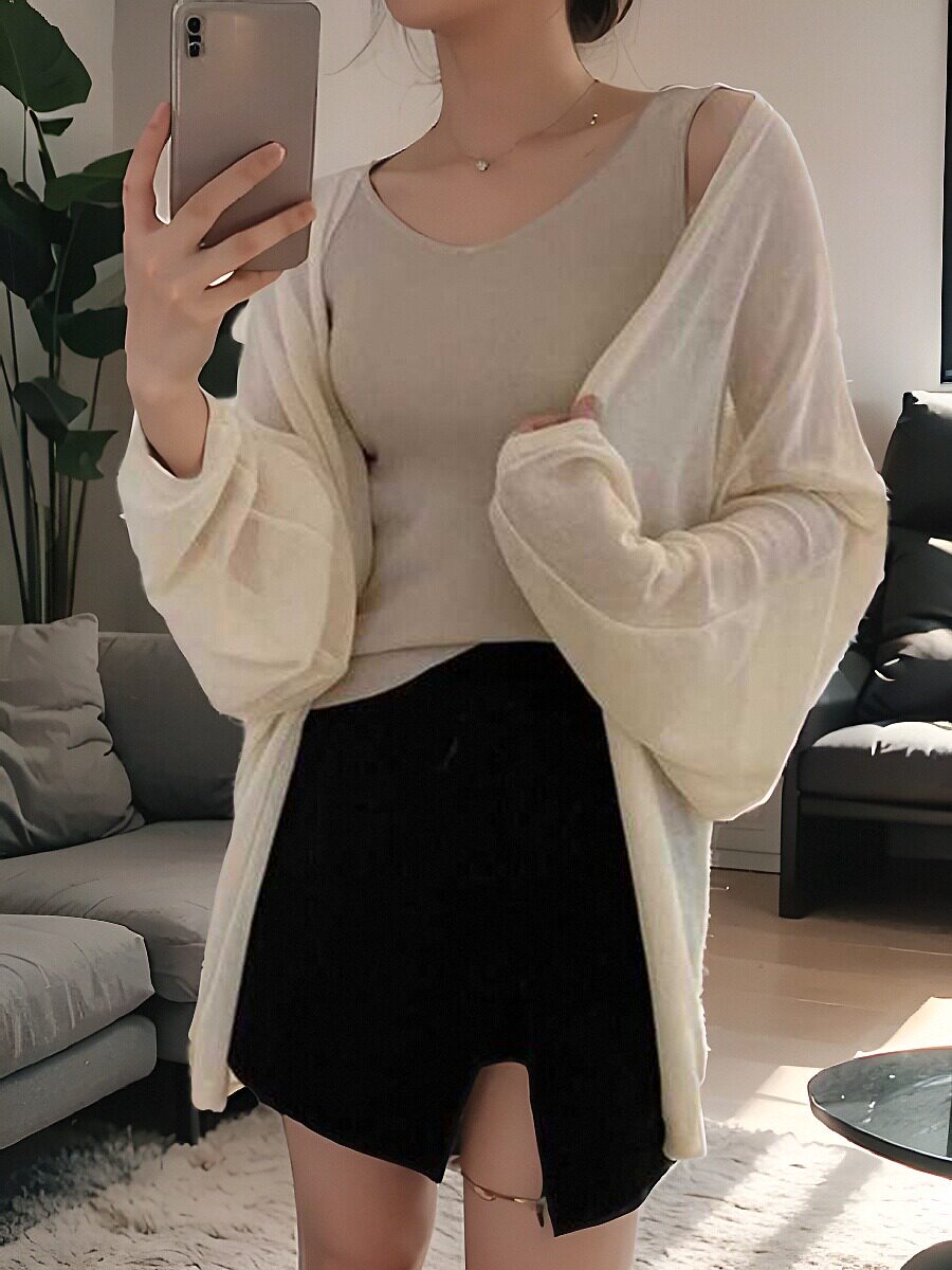 中长款冰丝针织防晒开衫女夏季薄款温柔风吊带外搭空调衫披肩外套