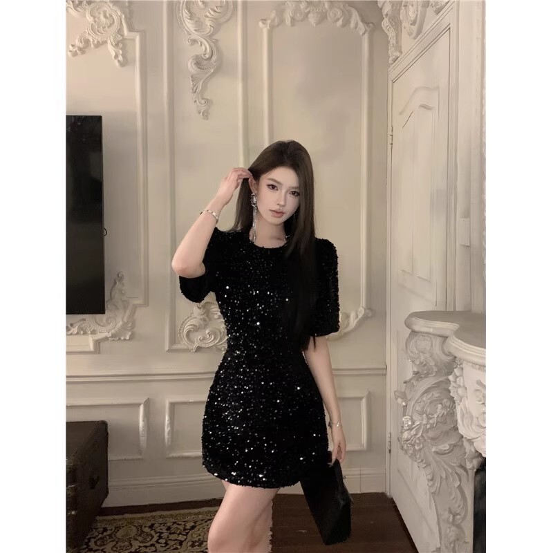 重工亮片黑色短袖连衣裙女夏季高级感修身短裙纯欲风收腰包臀裙子