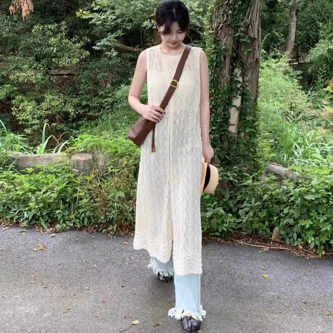 设计感小众叠穿罩衫针织背心裙夏季女后背开叉长裙连衣裙别致裙子