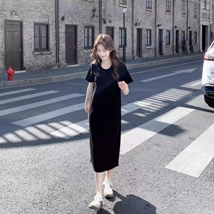 黑色短袖连衣裙女夏季气质小黑裙高级感遮肚子显瘦长裙宽松直筒裙