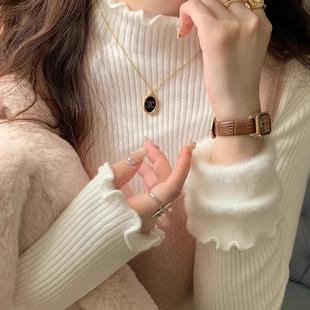女秋冬高级感木耳边毛衣内搭大衣半高领针织 一体绒加绒加厚打底衫