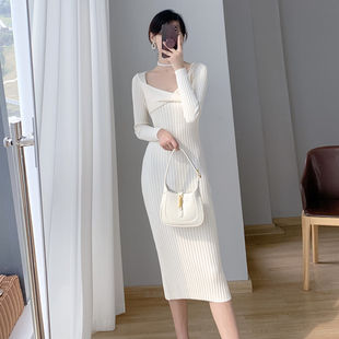 实拍2024秋冬过膝毛衣裙子修身显瘦性格包臀打底内搭针织连衣裙女