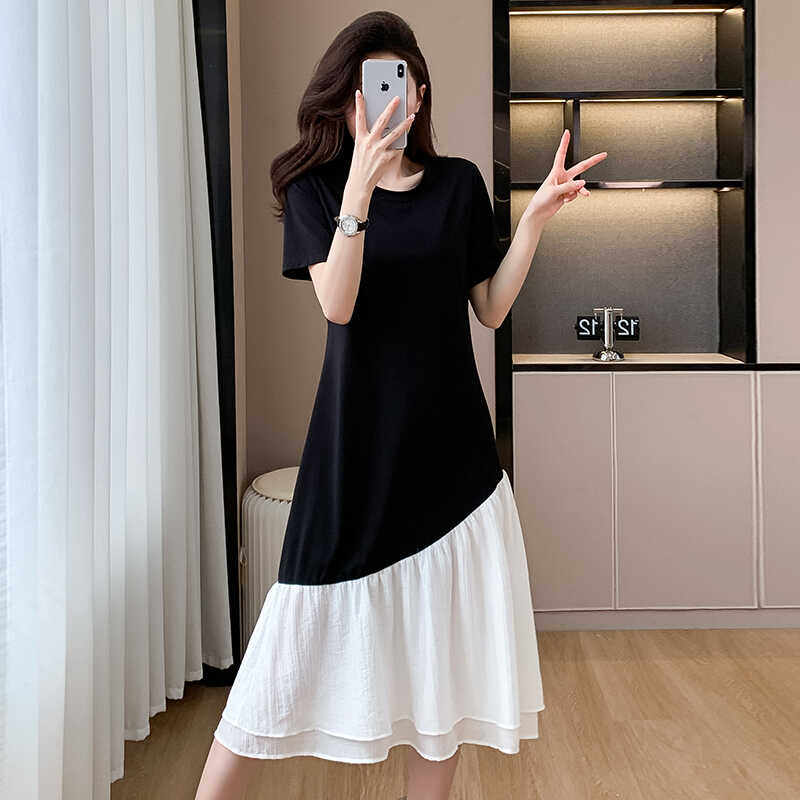 夏季休闲宽松显瘦大码连衣裙女2024新款韩版中长款拼接气质T恤裙,女装/女士精品,连衣裙,淘宝优惠券,粉丝福利购,淘宝优惠卷