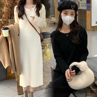 胖妹妹秋冬季针织长袖连衣裙女宽松中长款过膝黑色毛衣打底裙