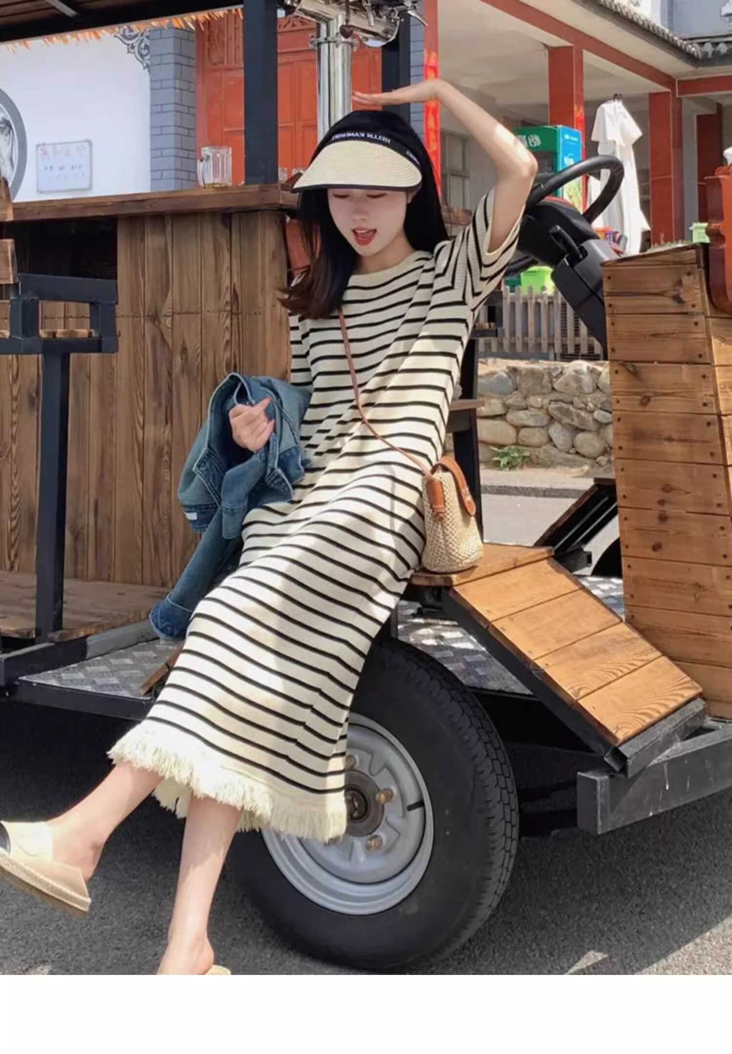 毛边短袖裙子长款条纹法式