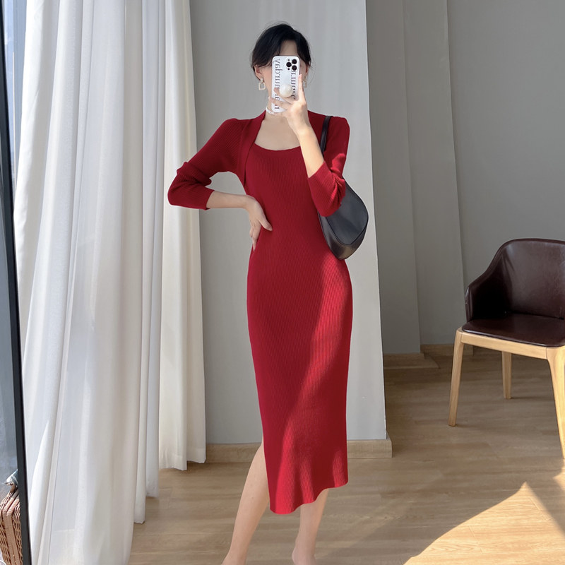 实拍2024秋冬时尚红色性感侧开叉修身长款方领打底内搭针织连衣裙,女装/女士精品,连衣裙,淘宝优惠券,粉丝福利购,淘宝优惠卷